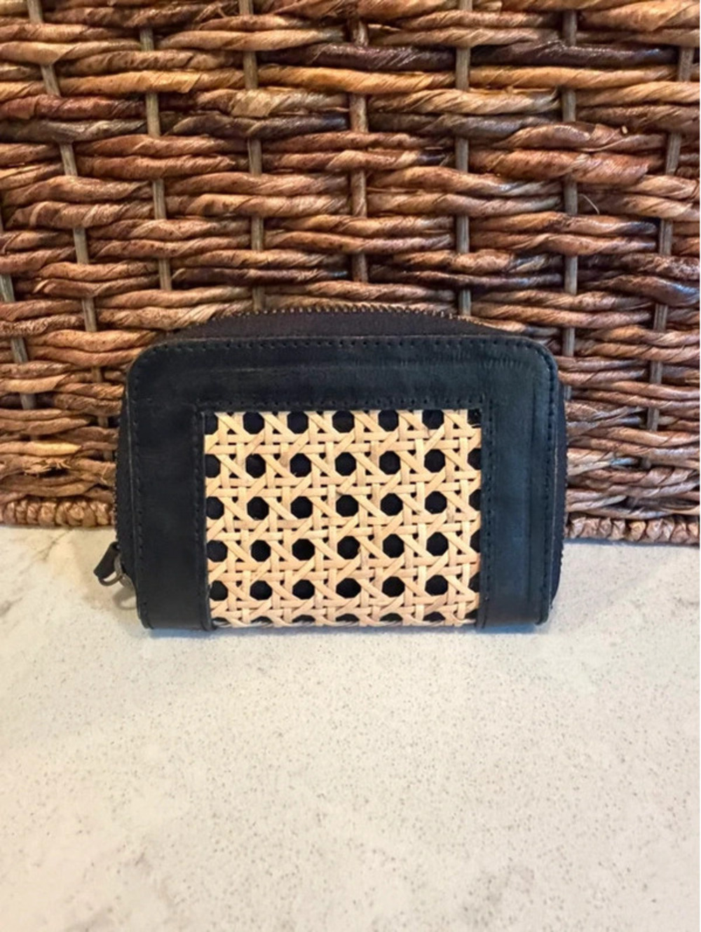 Pink Haley Sadie Rattan Leather Zip Wallet Black Handwoven Bali